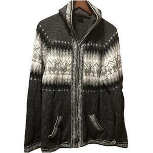 Alpaca Women's Sweater Grey Black White Hood Pockets Fill Zip L Soft Warm Llama